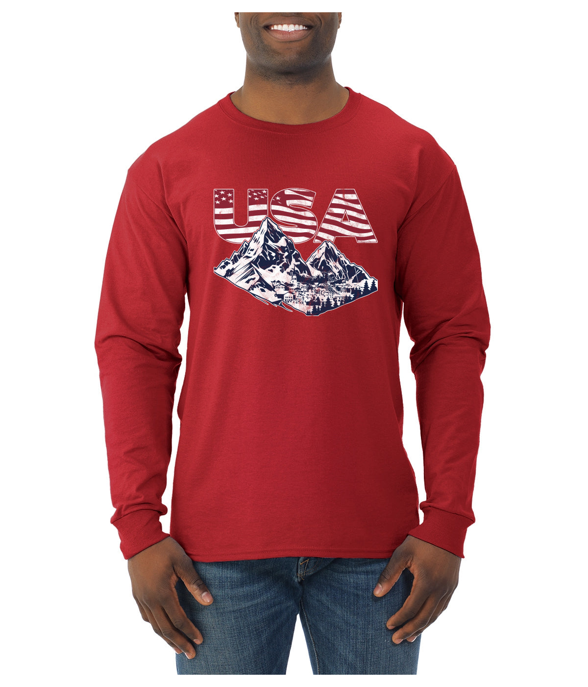 USA Winter Team Sports Fan Collection | USA Flag Mountainscape Sweater, Unisex Mens Long Sleeve Shirt