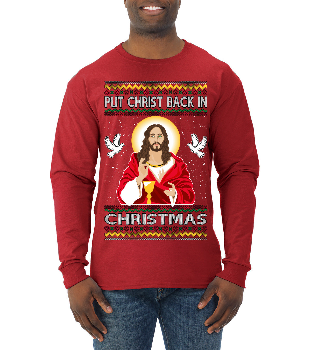 Put Christ Back In Christmas Ugly Christmas Sweater Mens Long Sleeve Shirt