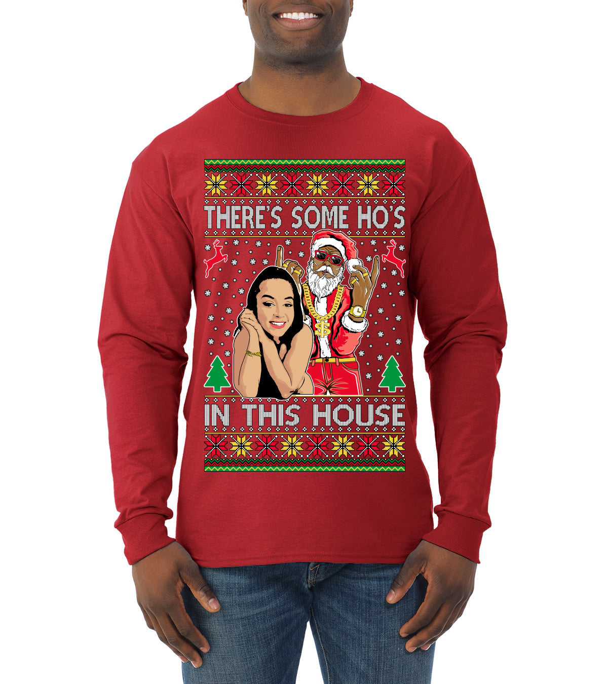 Santa the Plug Hos In This House  Ugly Christmas Sweater Mens Long Sleeve Shirt
