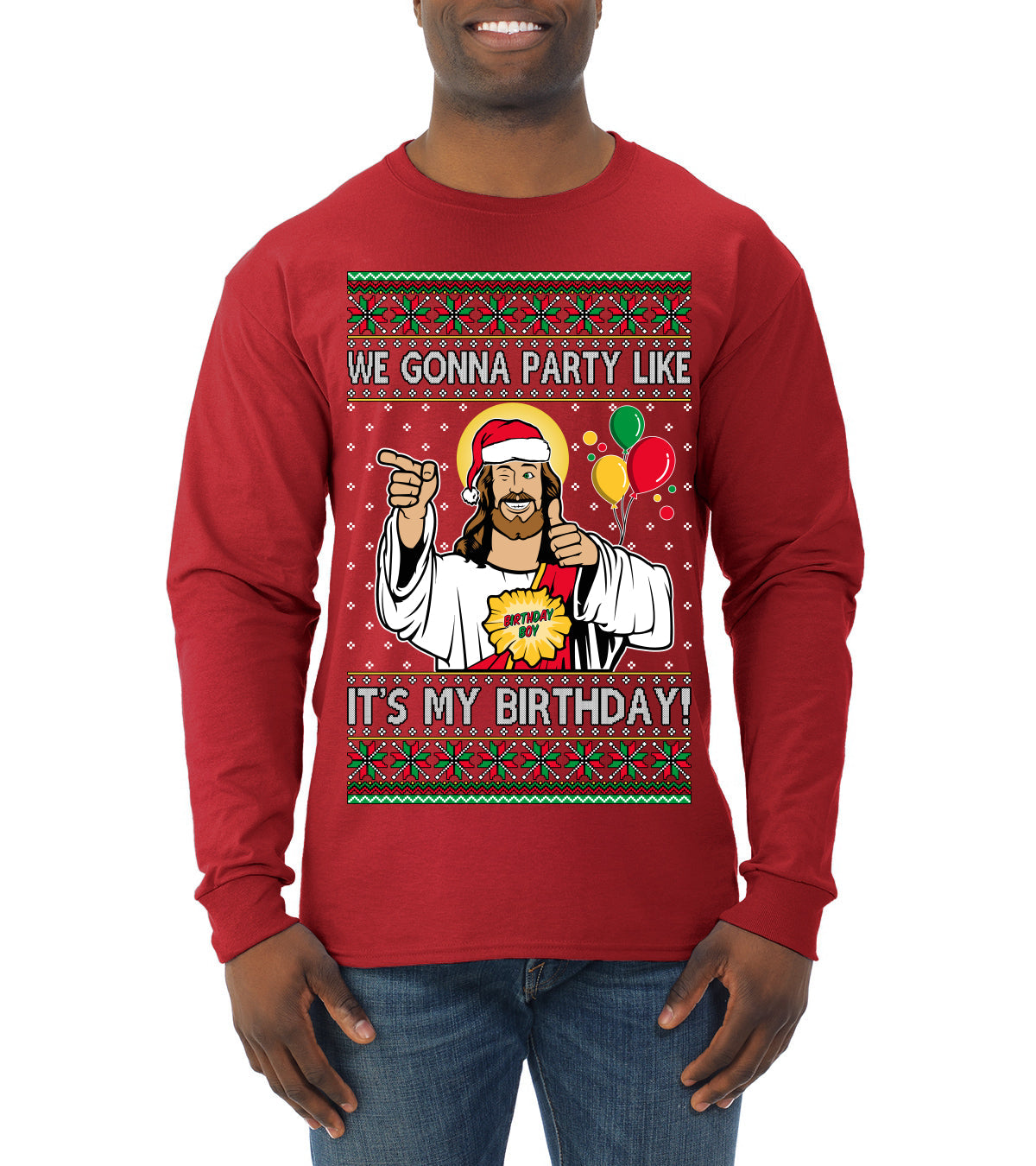 Gonna Party Like It's My Birthday Jesus Ugly Christmas Sweater Mens Long Sleeve Shirt