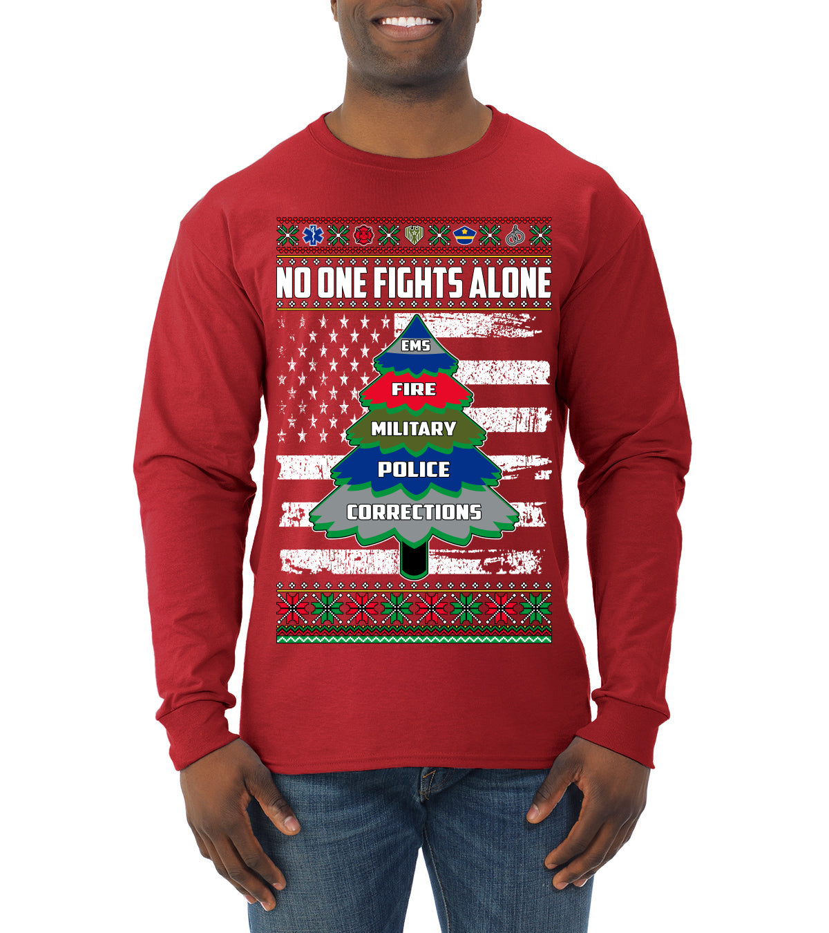 No One Fights Alone Holiday First Responder Police Fire Emt Ugly Christmas Sweater Mens Long Sleeve Shirt