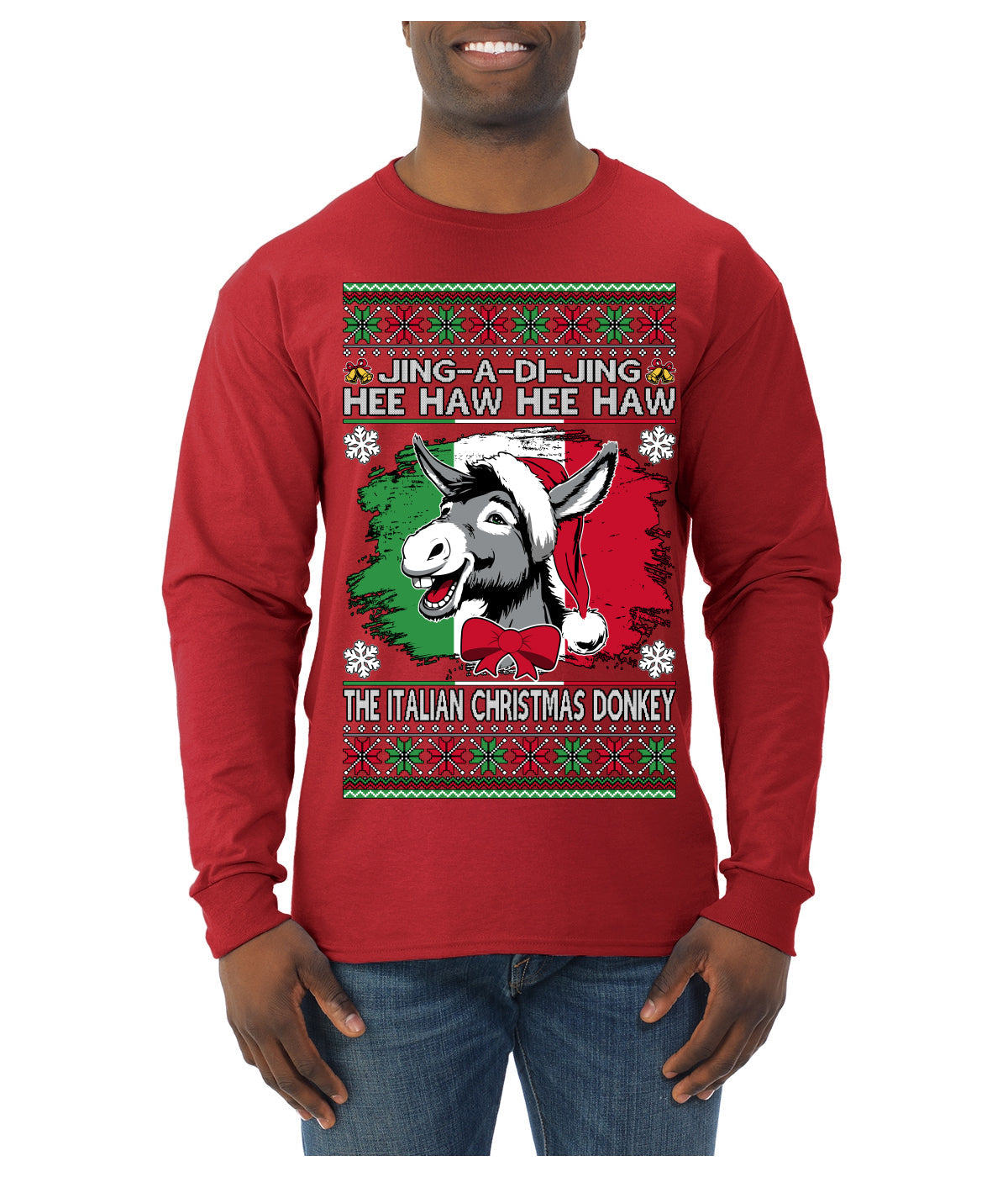 Jing a Di Jing Dominick the Italian Christmas Donkey Ugly Christmas Sweater Mens Long Sleeve Shirt