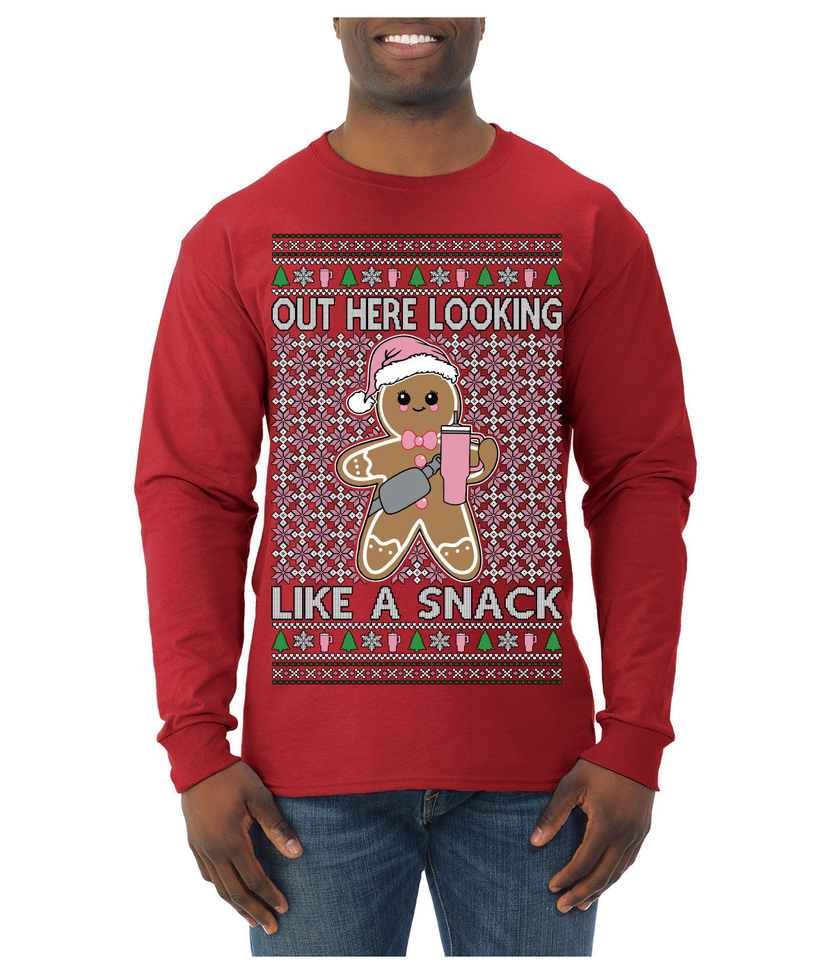 Out Here Looking Like a Snack Cute Xmas Cookie Ugly Christmas Sweater Mens Long Sleeve Shirt