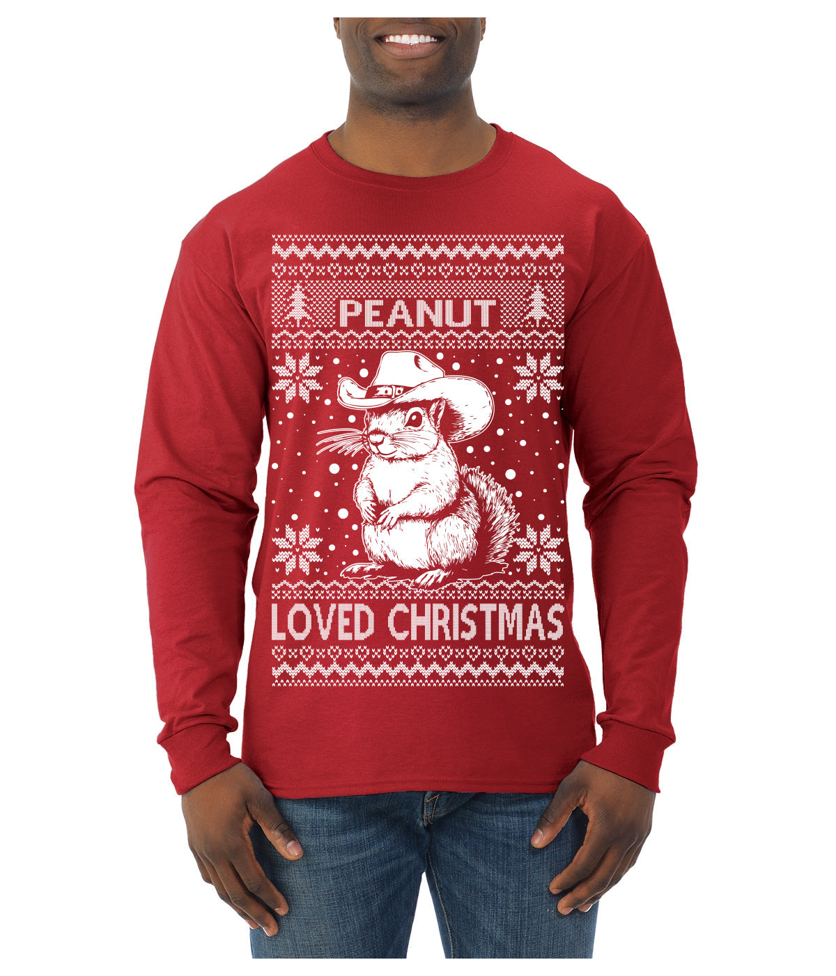 Peanut Loved Christmas RIP Funny Viral Squirrel Meme Ugly Christmas Sweater Mens Long Sleeve Shirt