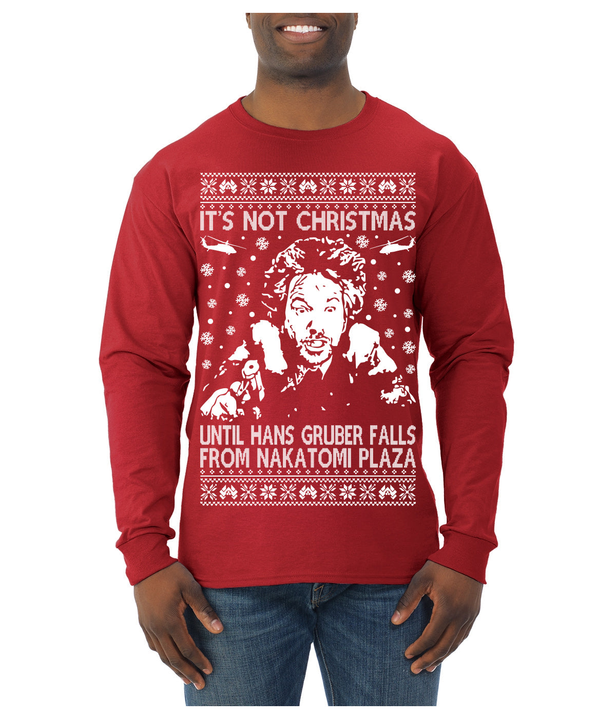 It's Not Christmas Until Hans Gruber Falls From Nakatomi Plaza White Ugly Christmas Sweater Mens Long Sleeve Shirt