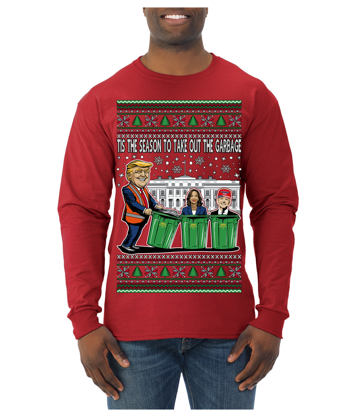 Tis the Season to Take Out the Garbage President Trump Ugly Christmas Sweater Mens Long Sleeve Shirt