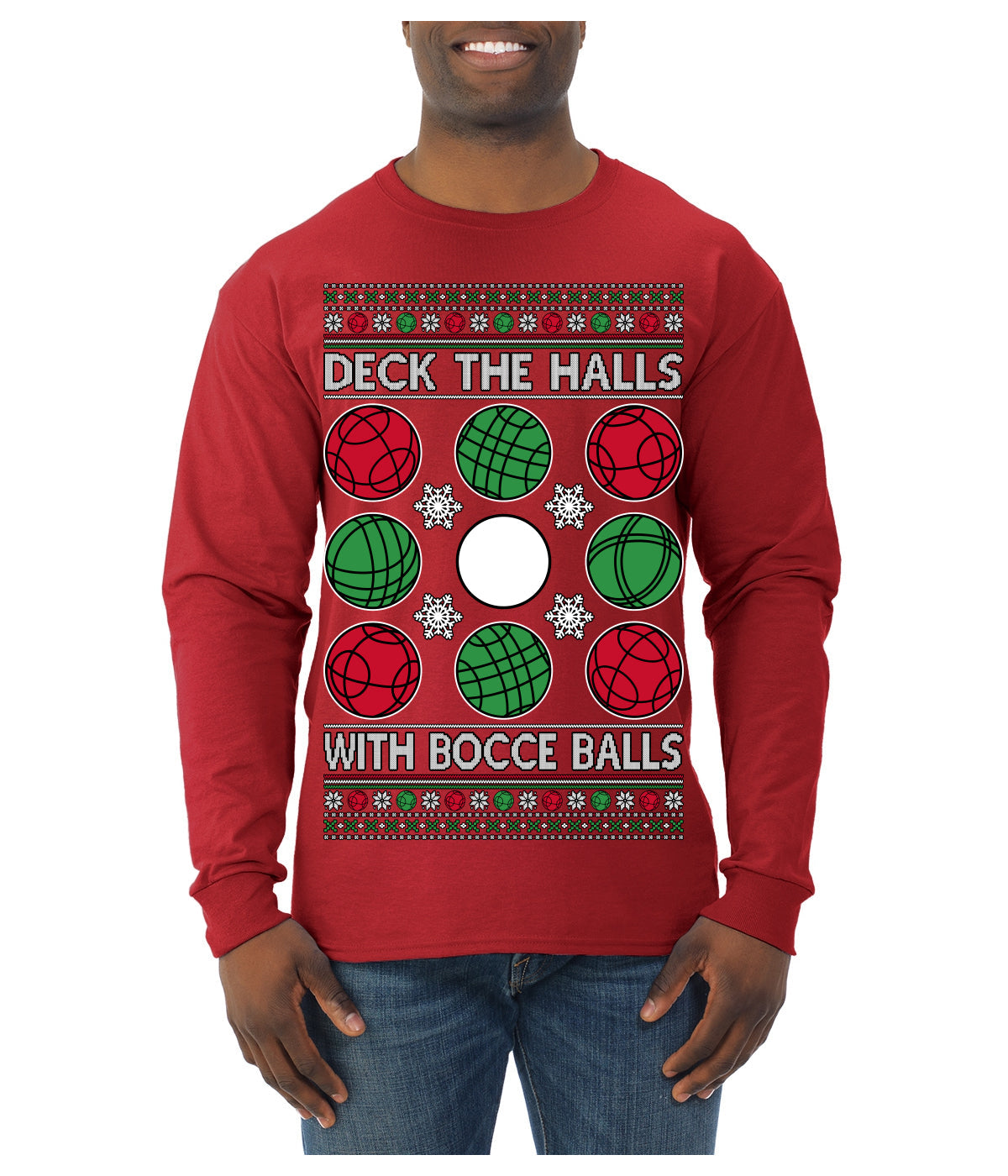 Deck the Halls with Bocce Balls, Funny Classic Italy Italian Sports Ugly Christmas Sweater Mens Long Sleeve Shirt