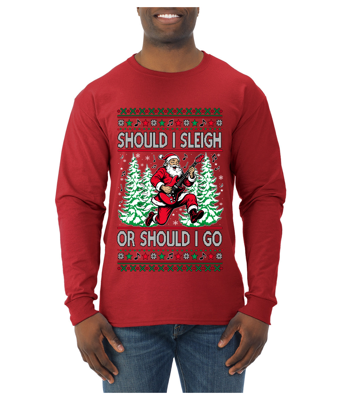 Should I Sleigh Or Should I Go, 80s Rock n' Roll Song, Electric Guitar, Ugly Christmas Sweater Mens Long Sleeve Shirt