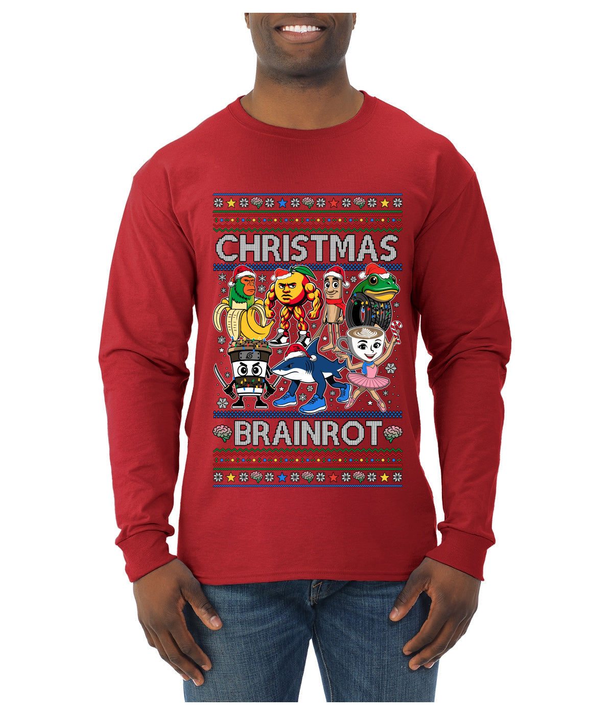 Christmas Brainrot, Ugly Christmas Sweater Mens Long Sleeve Shirt