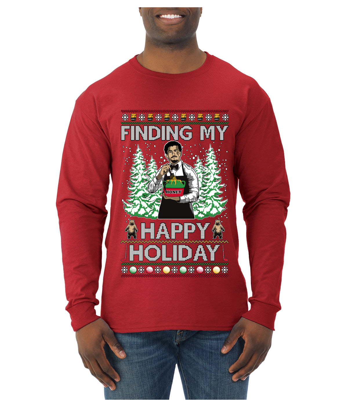 Finding My Happy Holiday, Ugly Christmas Sweater Mens Long Sleeve Shirt