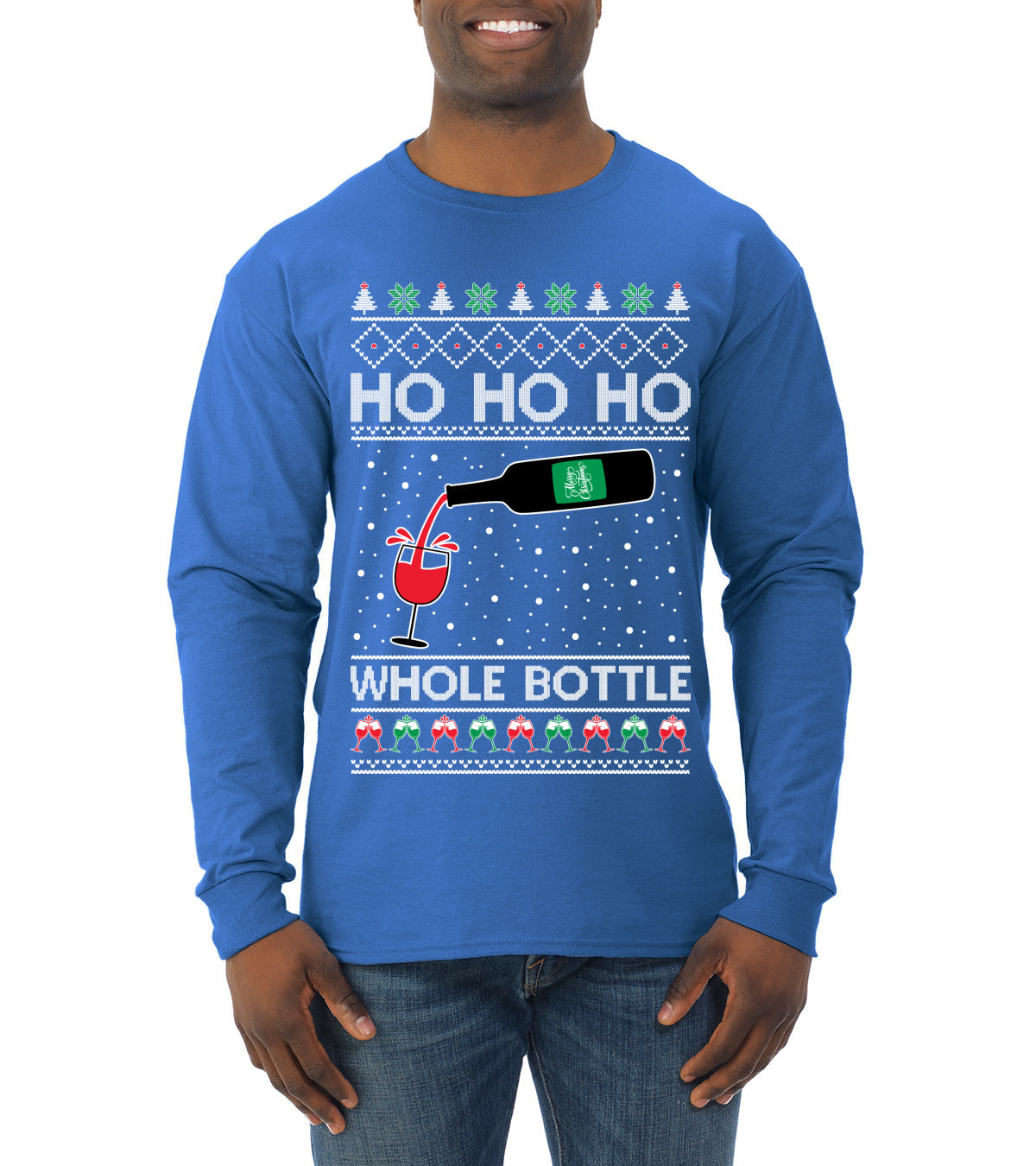 Ho Ho Ho Whole Bottle Wine Spirits Ugly Christmas Sweater Mens Long Sleeve Shirt