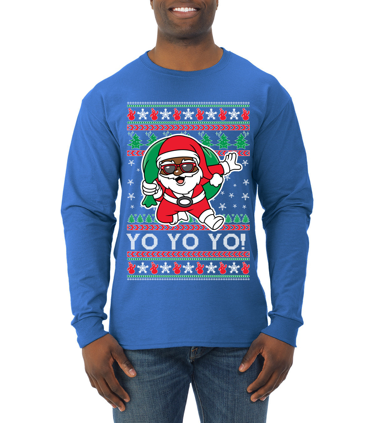 Yo Yo Yo Black Santa Ugly Christmas Sweater Mens Long Sleeve Shirt