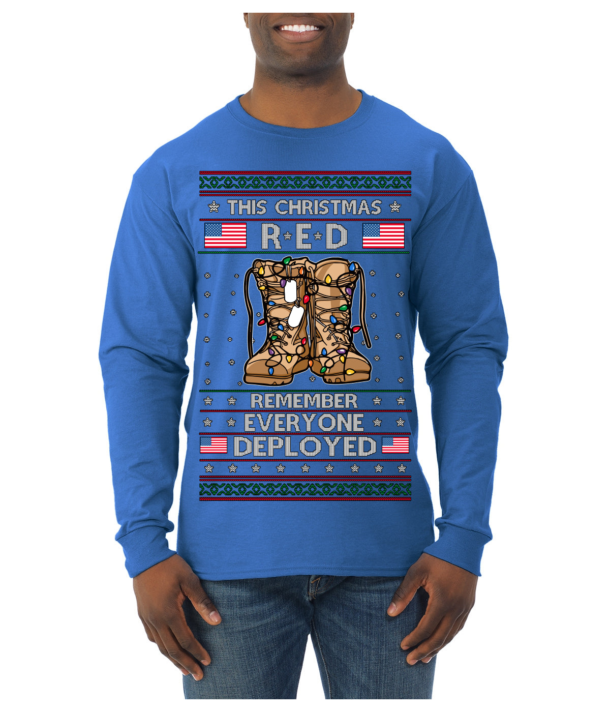 This Christmas RED Remember Everyone Deployed Veteran Ugly Christmas Sweater Mens Long Sleeve Shirt