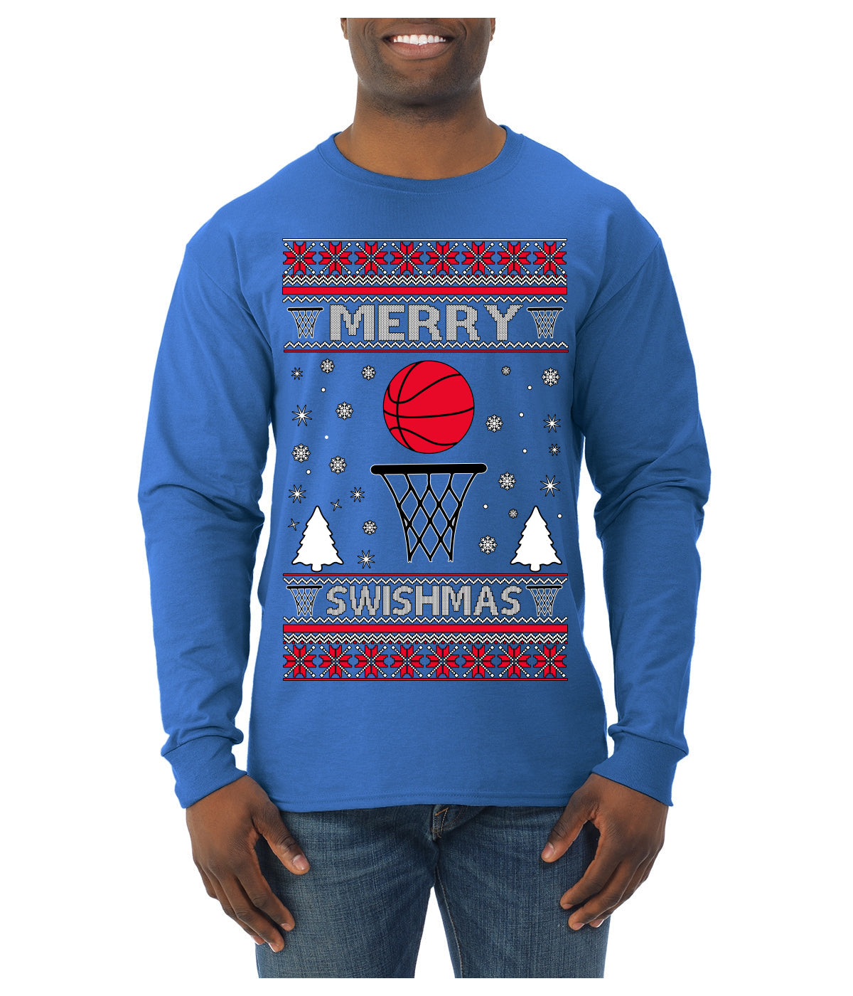 Merry Swishmas Basketball Sports Ugly Christmas Sweater Mens Long Sleeve Shirt