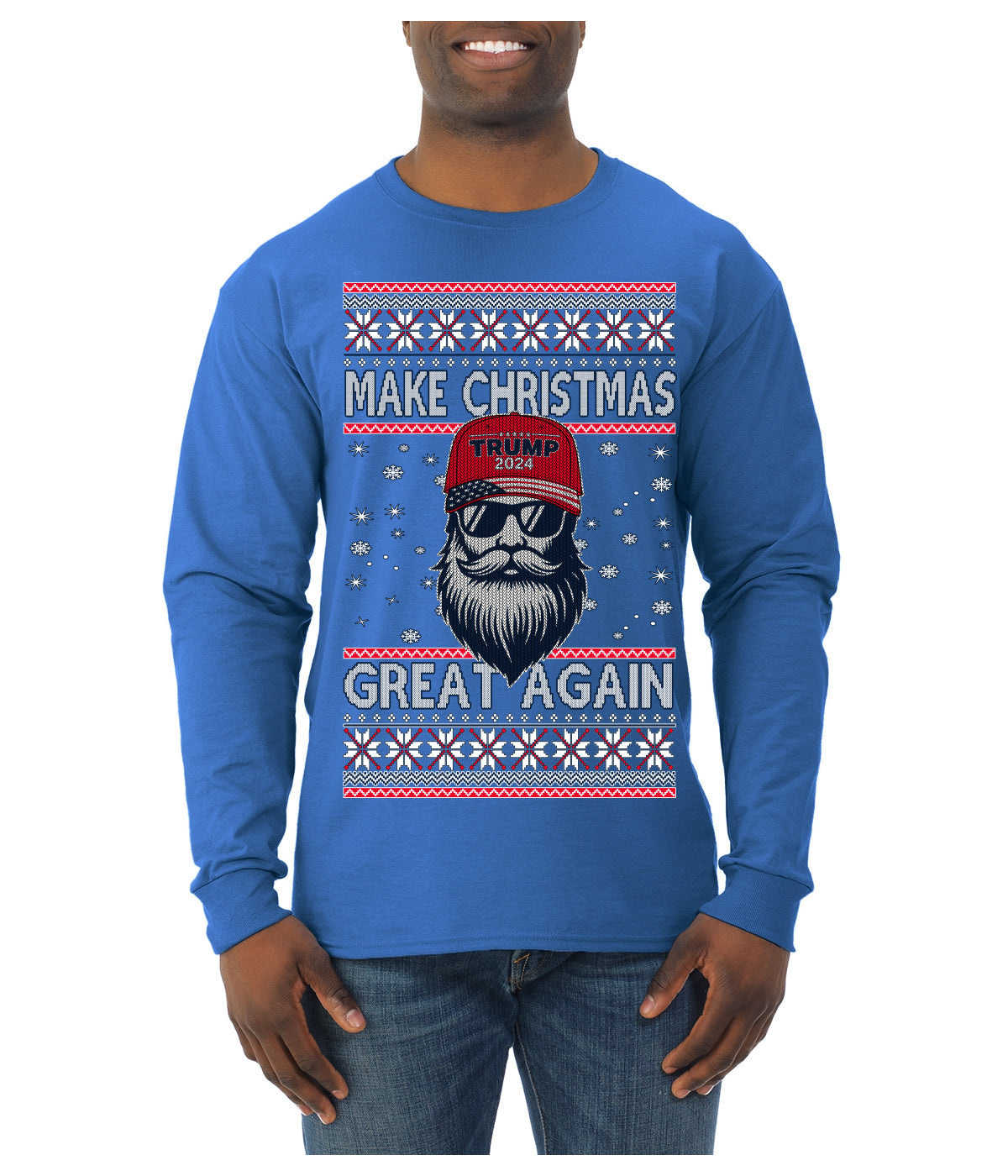 Make Christmas Great Again Trump Santa Claus 2024 MAGA,  Donald Trump JD Vance GOP Republican Ugly Christmas Sweater Mens Long Sleeve Shirt
