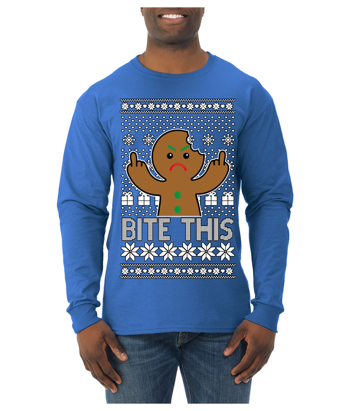Bite This, Funny Gingerbread Cookie Offensive Inappropriate Middle Finger, F U Ginger Bread Dirty Novelty Xmas Ugly Christmas Sweater Mens Long Sleeve Shirt