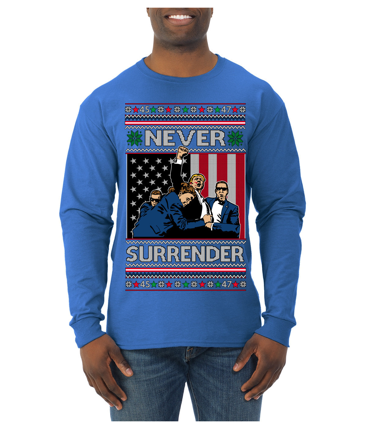 Never Surrender Pro Donald Trump Fight Fist Pump 2024 Ugly Christmas Sweater Mens Long Sleeve Shirt