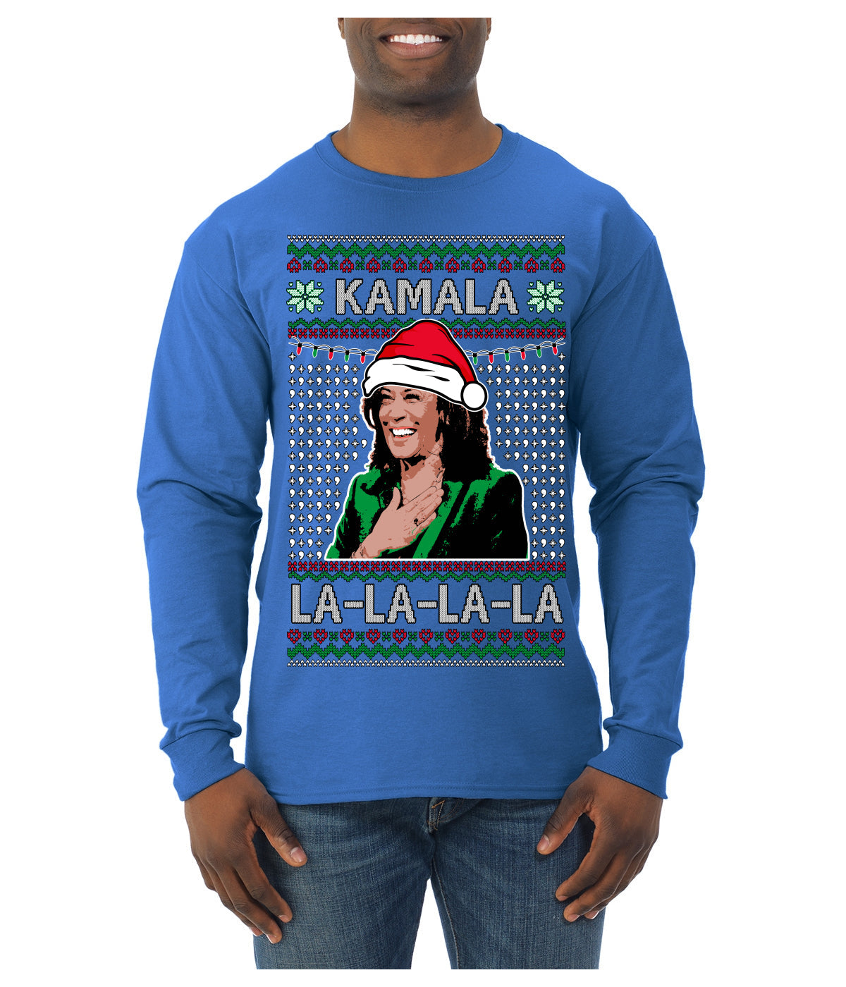 Kamala La La Funny Santa Hat Classic Xmas Song Carol Ugly Christmas Sweater Mens Long Sleeve Shirt
