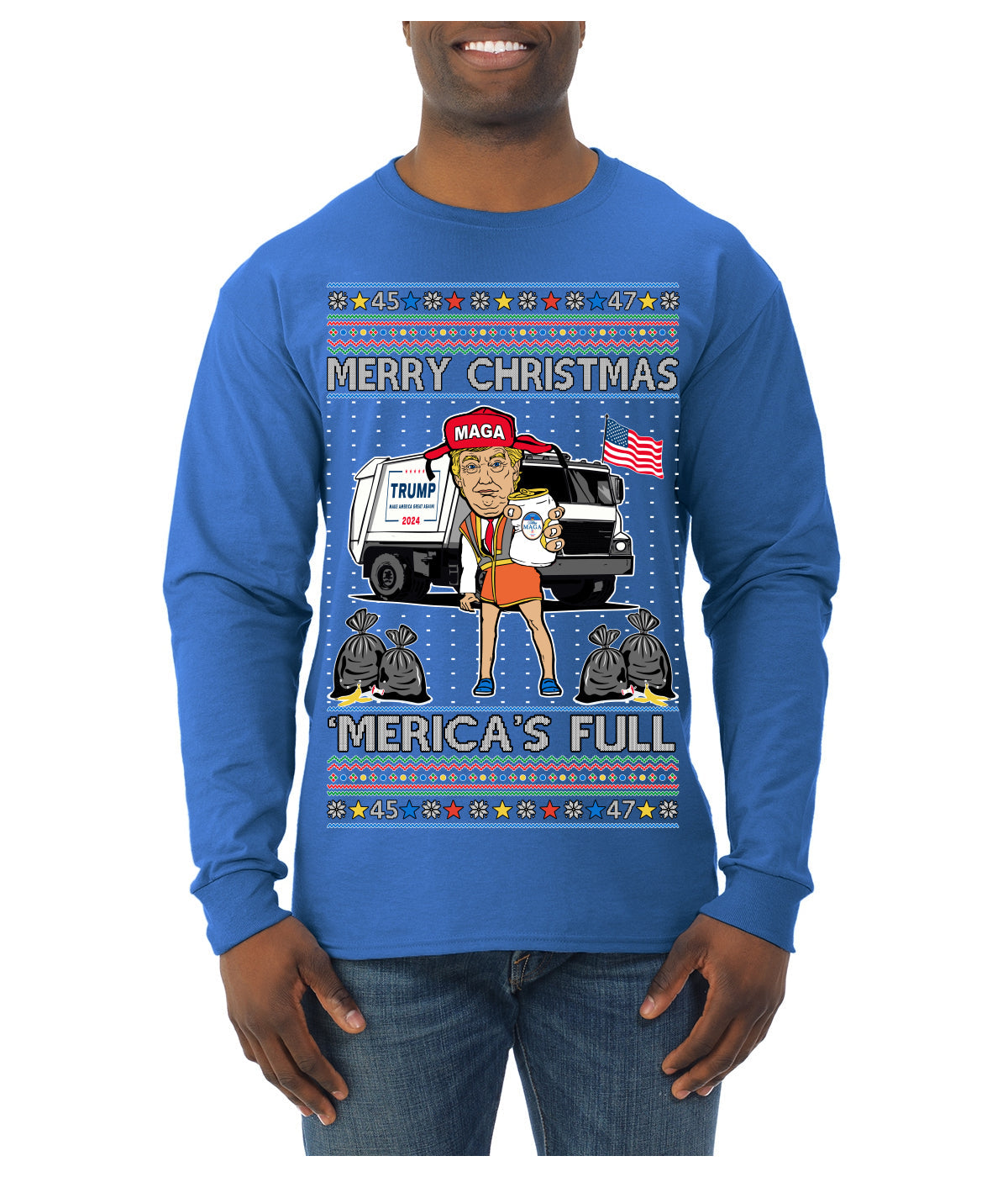 Donald Trump Merry Christmas Merica's Full Garbage Truck Ugly Christmas Sweater Mens Long Sleeve Shirt