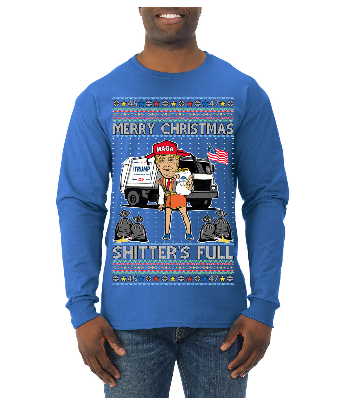 Donald Trump Merry Christmas Shitter's Full Cousin Eddie Ugly Christmas Sweater Mens Long Sleeve Shirt