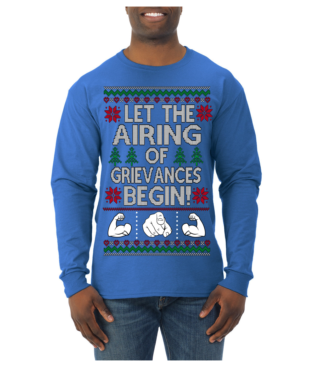 Let the Airing of Grievances Begin Funny TV Sitcom Festivus Ugly Christmas Sweater Mens Long Sleeve Shirt