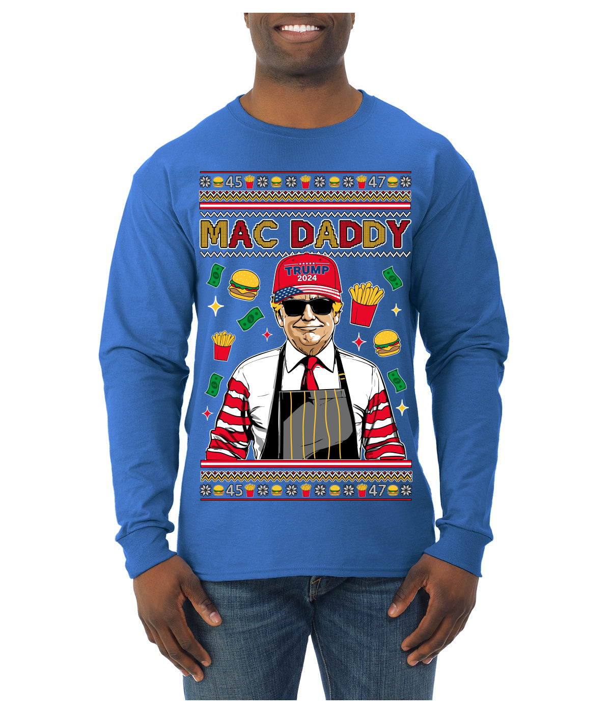 Mac Daddy Funny Viral Trump Meme Fast Food Fries Burgers Ugly Christmas Sweater Mens Long Sleeve Shirt