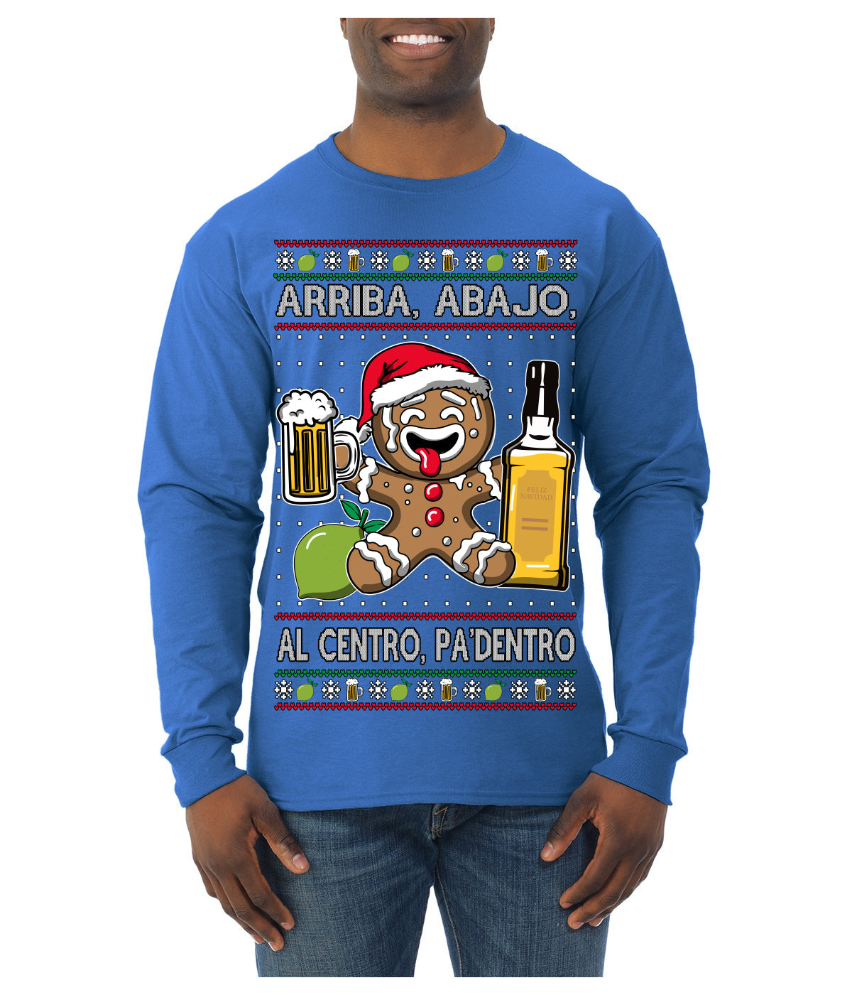 Arriba Abajo Al Centro Pa'Dentro Cheers to Health Salud Ugly Christmas Sweater Mens Long Sleeve Shirt