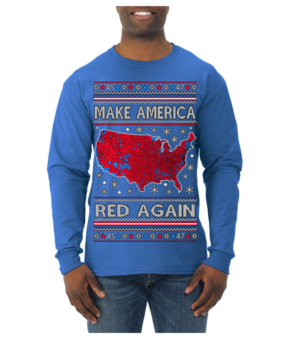 Make America Red Again USA Map Trump 2024 MAGA Ugly Christmas Sweater Mens Long Sleeve Shirt