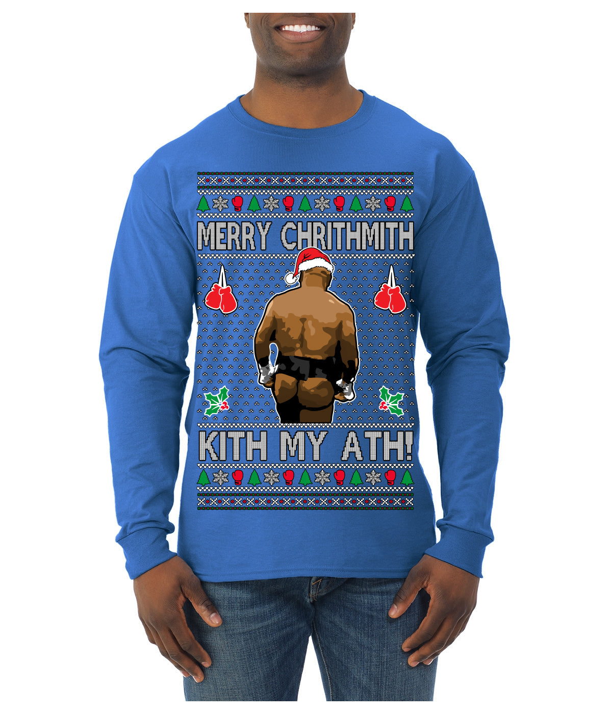 Merry Chrithmith Kith My Ath, Butt Viral Kiss My Ass Boxing Fight Meme Ugly Christmas Sweater Mens Long Sleeve Shirt