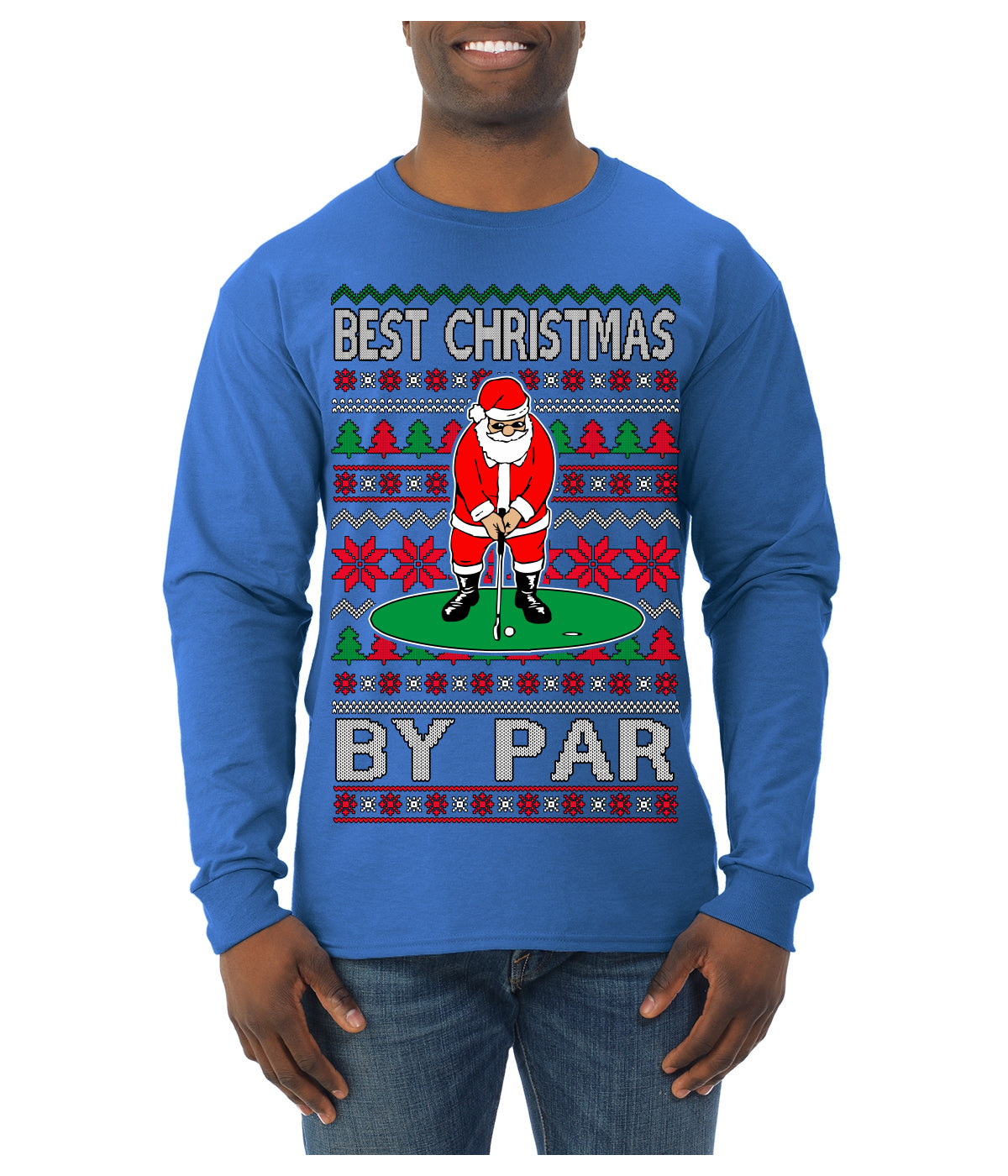 Best Christmas By Par Funny Santa Golfing Pun Sports Golf Ugly Christmas Sweater Mens Long Sleeve Shirt