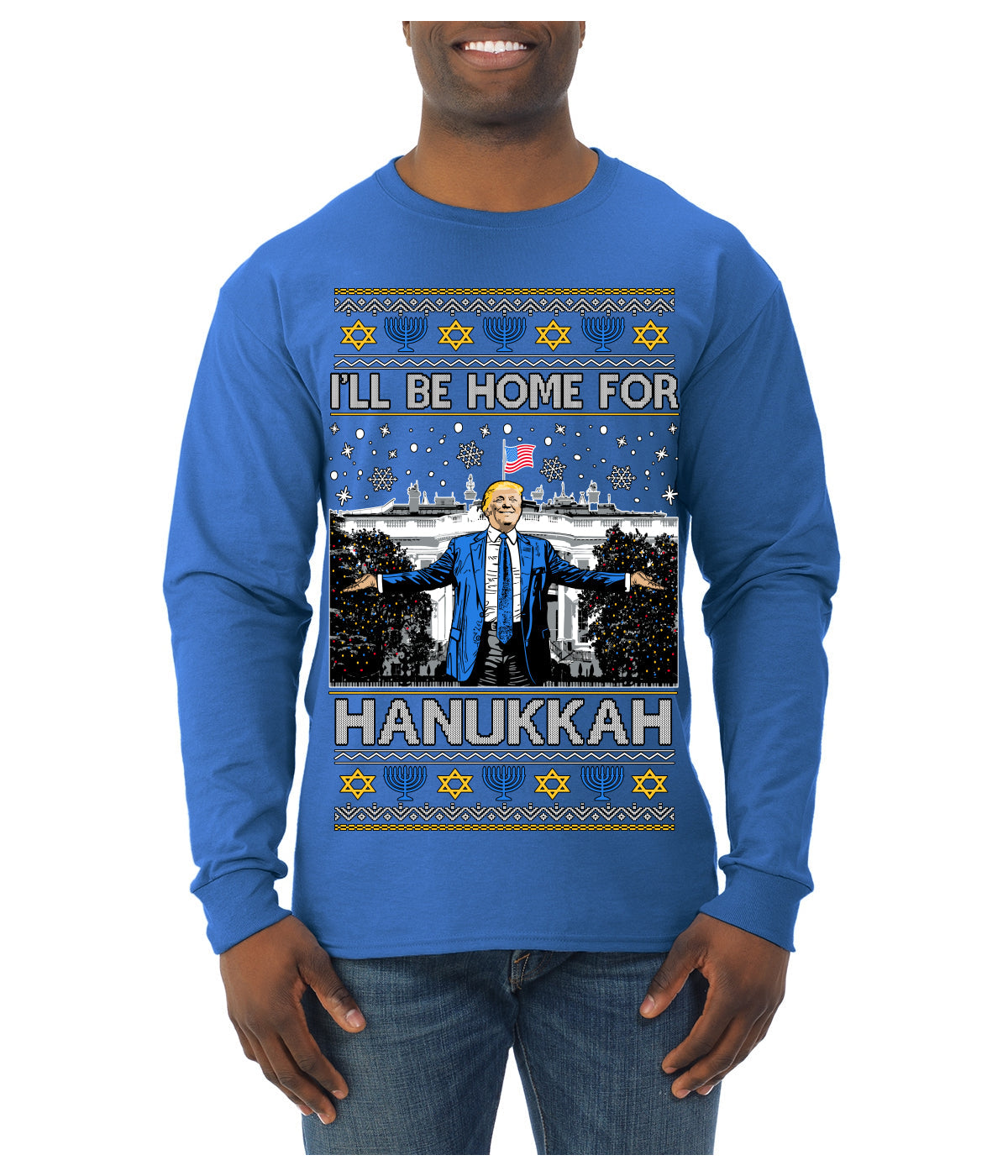 I'll Be Home for Hanukkah, Funny President Donald Trump JD Vance Winter Holiday Chanukah Hannukkah Channukah Ugly Christmas Sweater Mens Long Sleeve Shirt