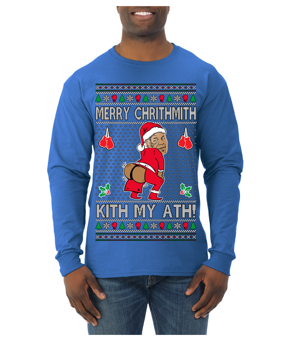 Merry Chrithmith Kith My Ath, Funny Butt Dancing, Viral Kiss My Ass Boxing Fight Meme, Men Women Ugly Christmas Sweater Mens Long Sleeve Shirt