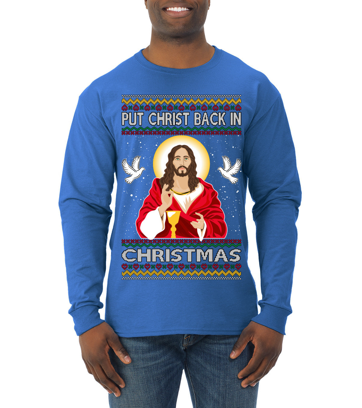 Put Christ Back In Christmas Ugly Christmas Sweater Mens Long Sleeve Shirt