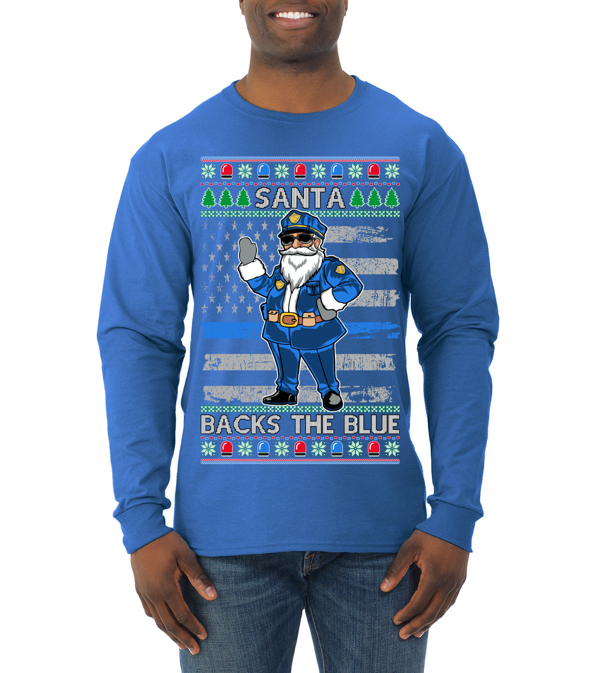 Santa Backs The Blue Pro Police Santa Claus Ugly Christmas Sweater Mens Long Sleeve Shirt