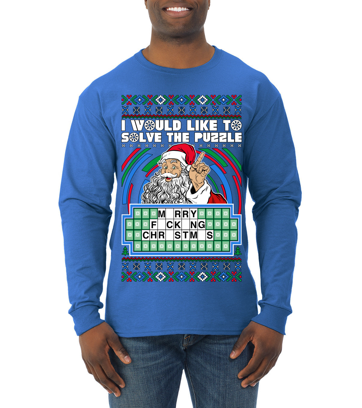 Santa Game Show I'd Like To Solve the Puzzle Wheel Ugly Christmas Sweater Mens Long Sleeve Shirt