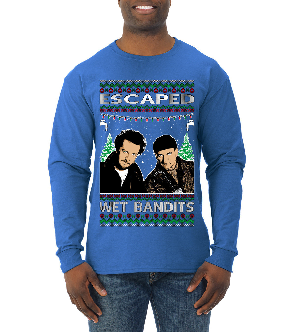Escaped Bandits Classic Home Holiday Movie Ugly Christmas Sweater Mens Long Sleeve Shirt