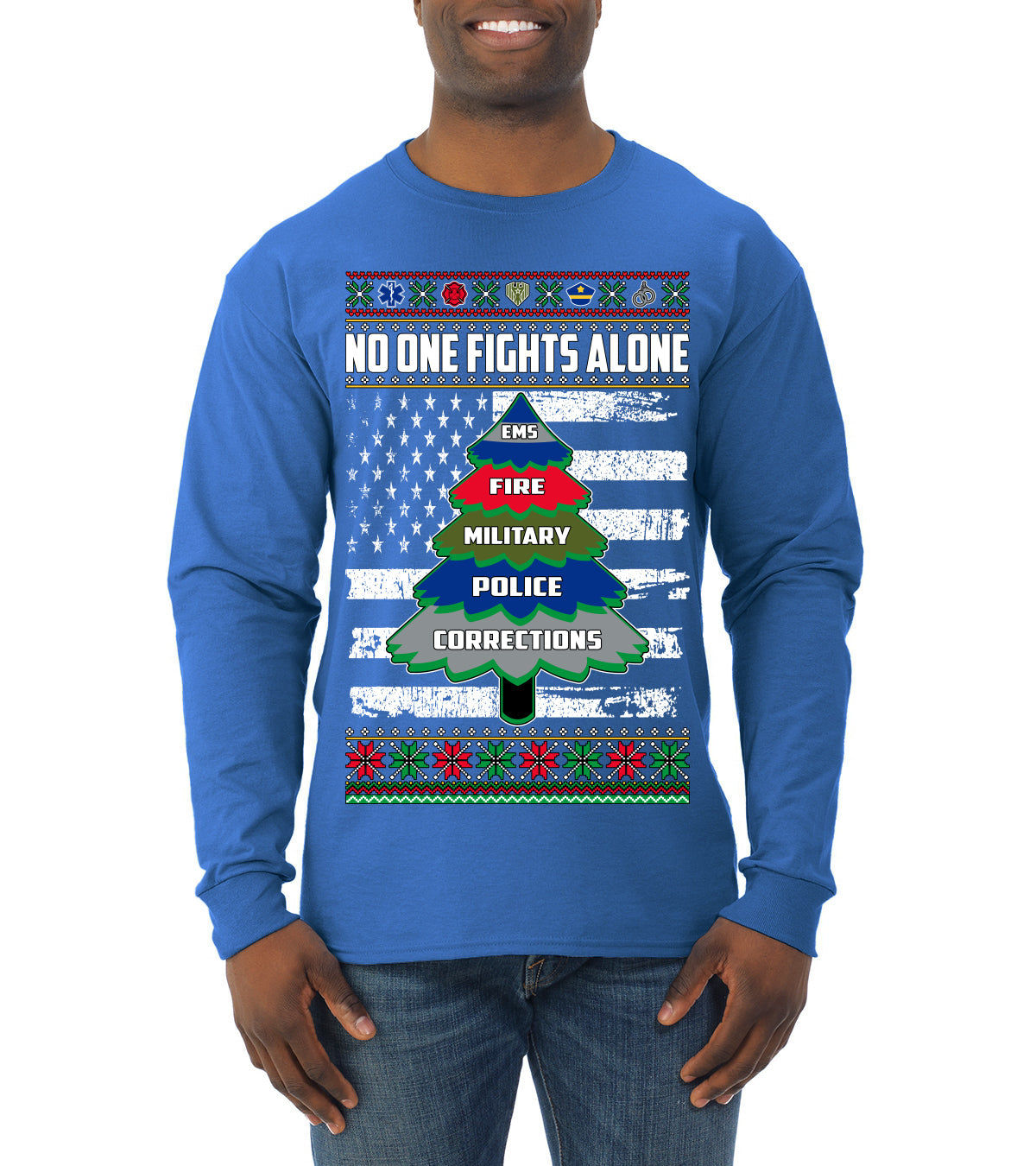 No One Fights Alone Holiday First Responder Police Fire Emt Ugly Christmas Sweater Mens Long Sleeve Shirt