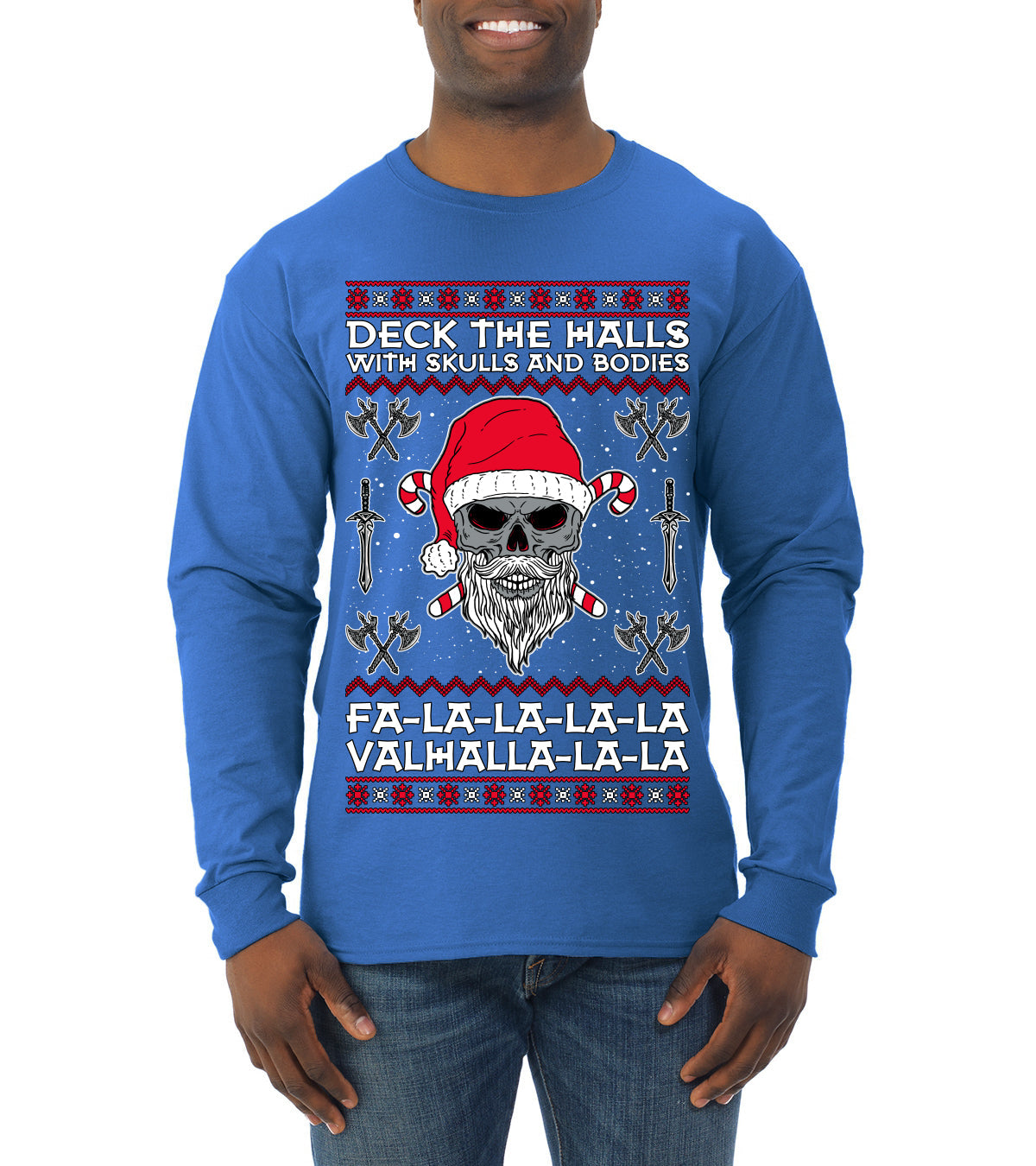 Valhalla Deck The Halls With Skulls & Bodies Ugly Christmas Sweater Mens Long Sleeve Shirt
