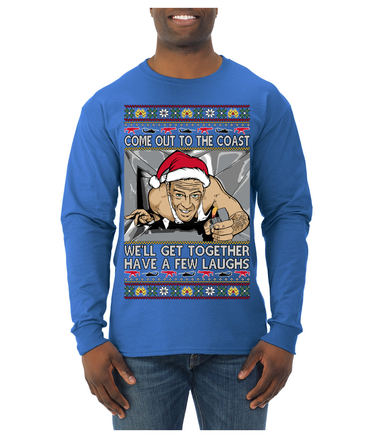 Come Out to the Coast Have a Few Laughs Die Hard McClane Ugly Christmas Sweater Mens Long Sleeve Shirt