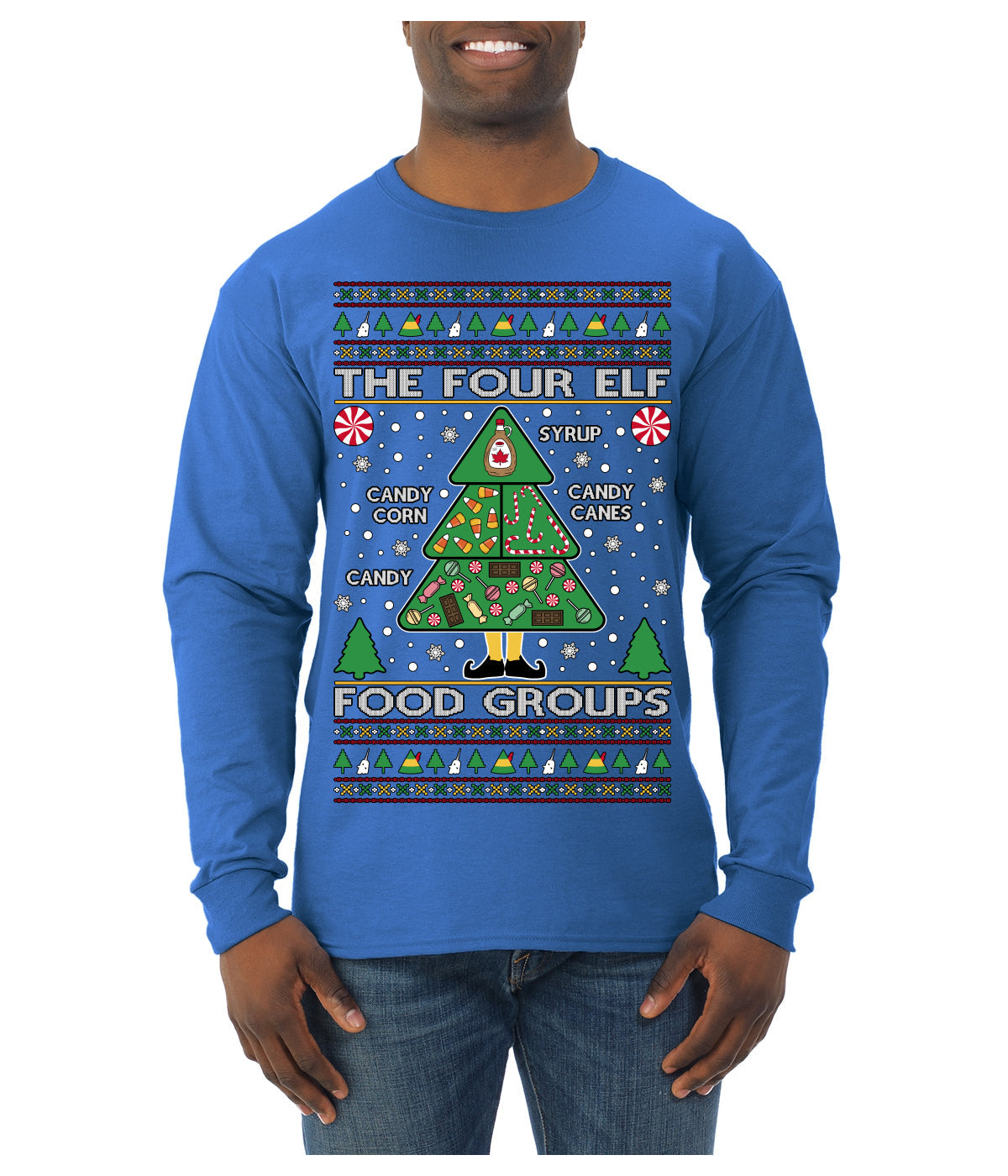 The Four Elf Food Groups Candy Canes Syrup Funny Ugly Christmas Sweater Mens Long Sleeve Shirt