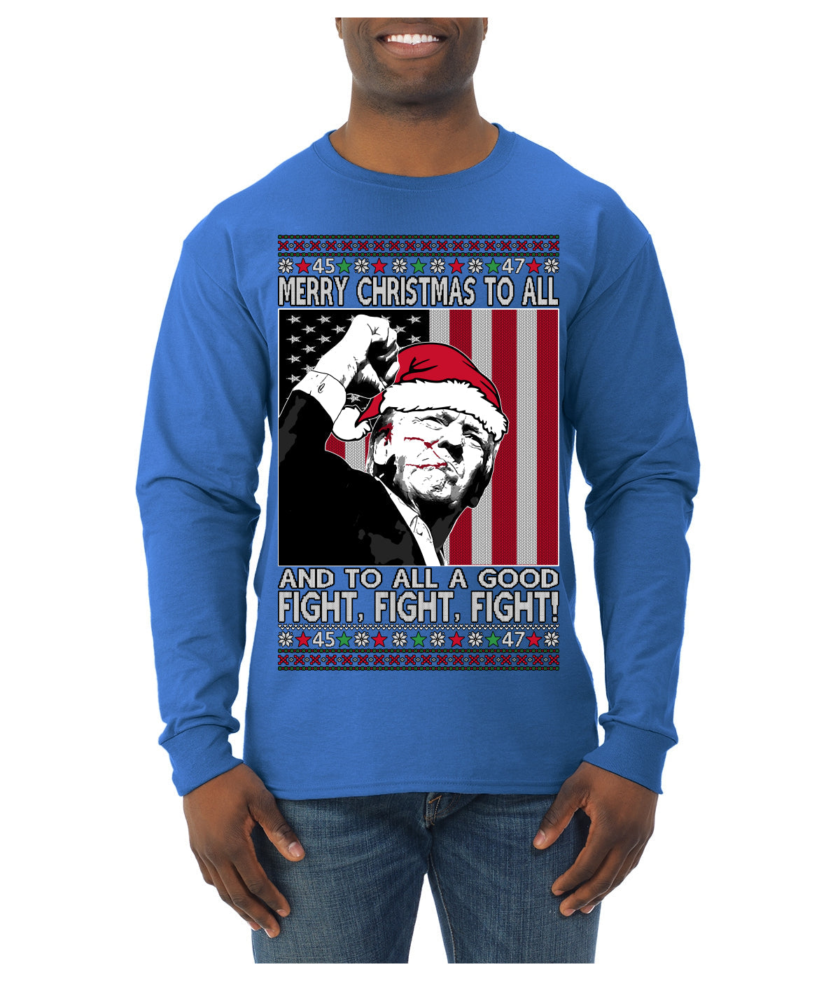 Merry Christmas to All a Good Fight | Santa Donald Trump Ugly Christmas Sweater Mens Long Sleeve Shirt