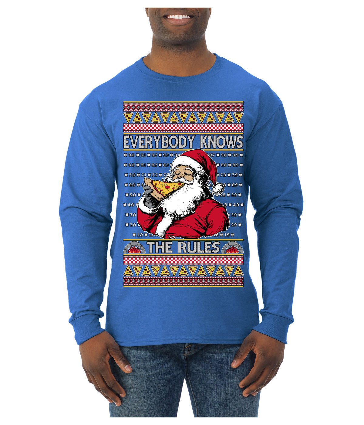 Everybody Knows the Rules Funny Santa Claus Pizza Score Ugly Christmas Sweater Mens Long Sleeve Shirt