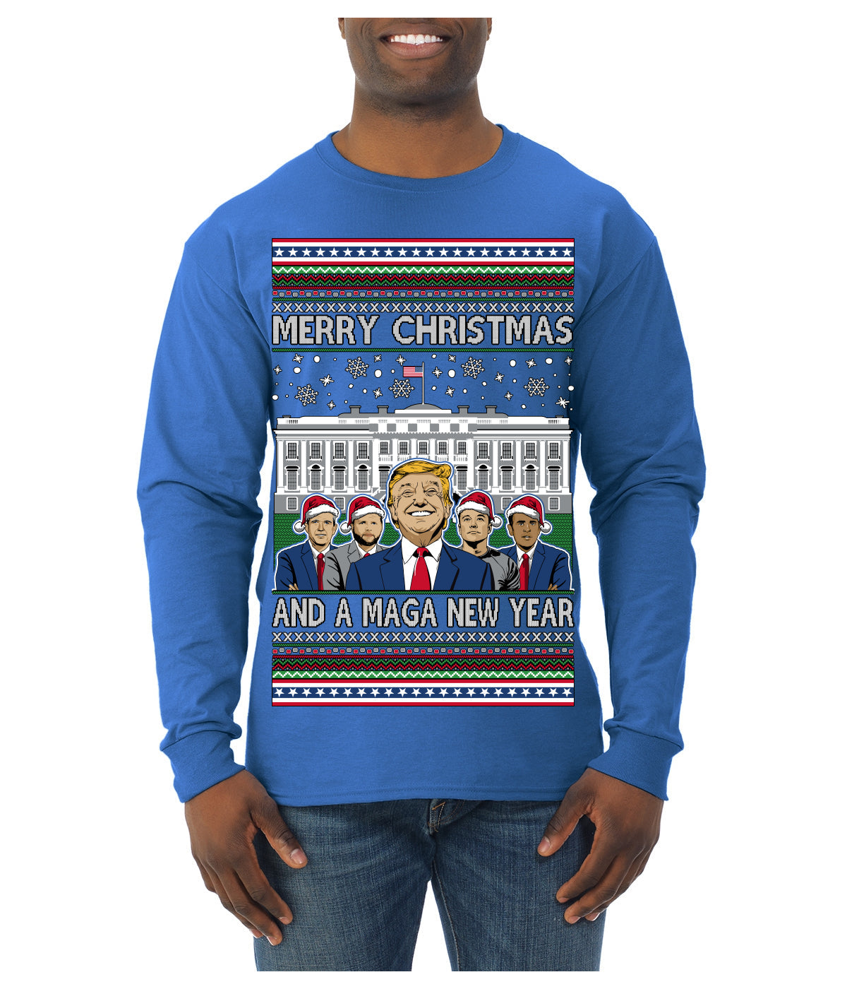 Merry Christmas and a MAGA New Year 2025 Ugly Christmas Sweater Mens Long Sleeve Shirt