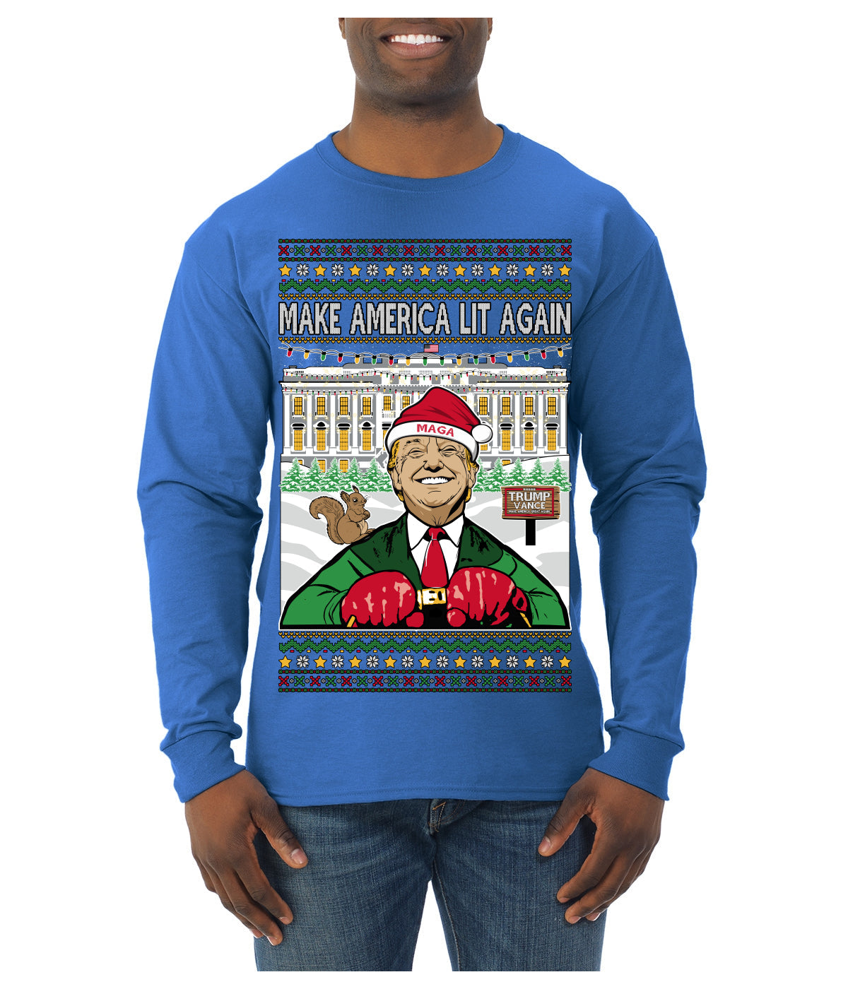 Make America Lit Again Funny Trump 2024 White House MAGA Ugly Christmas Sweater Mens Long Sleeve Shirt