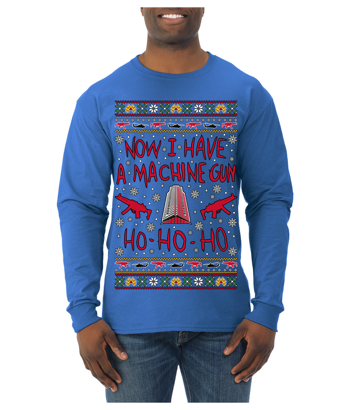 Now I Have a Machine Gun Ho Ho Ho Nakatomi Die Hard McClane Classic 80s Xmas Movie Ugly Christmas Sweater Mens Long Sleeve Shirt