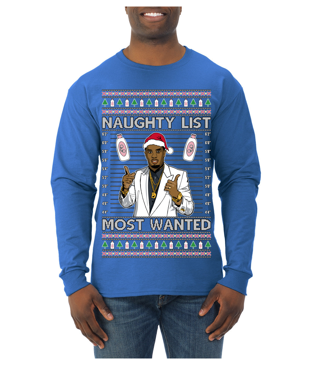 Naughty List Most Wanted, Funny Santa P Diddy Diddler Funny Party Viral Music Baby Oil Meme Ugly Christmas Sweater Mens Long Sleeve Shirt