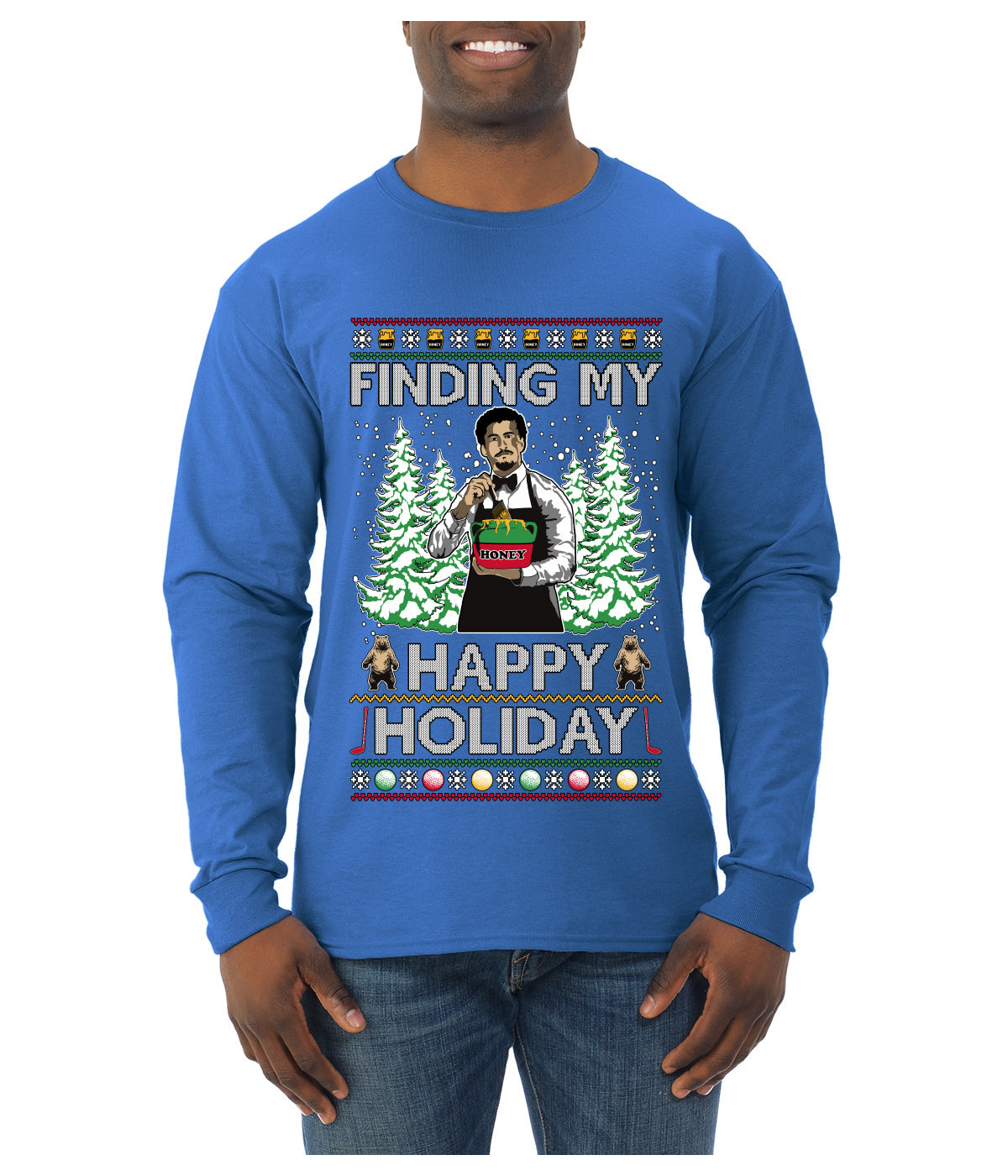 Finding My Happy Holiday, Ugly Christmas Sweater Mens Long Sleeve Shirt