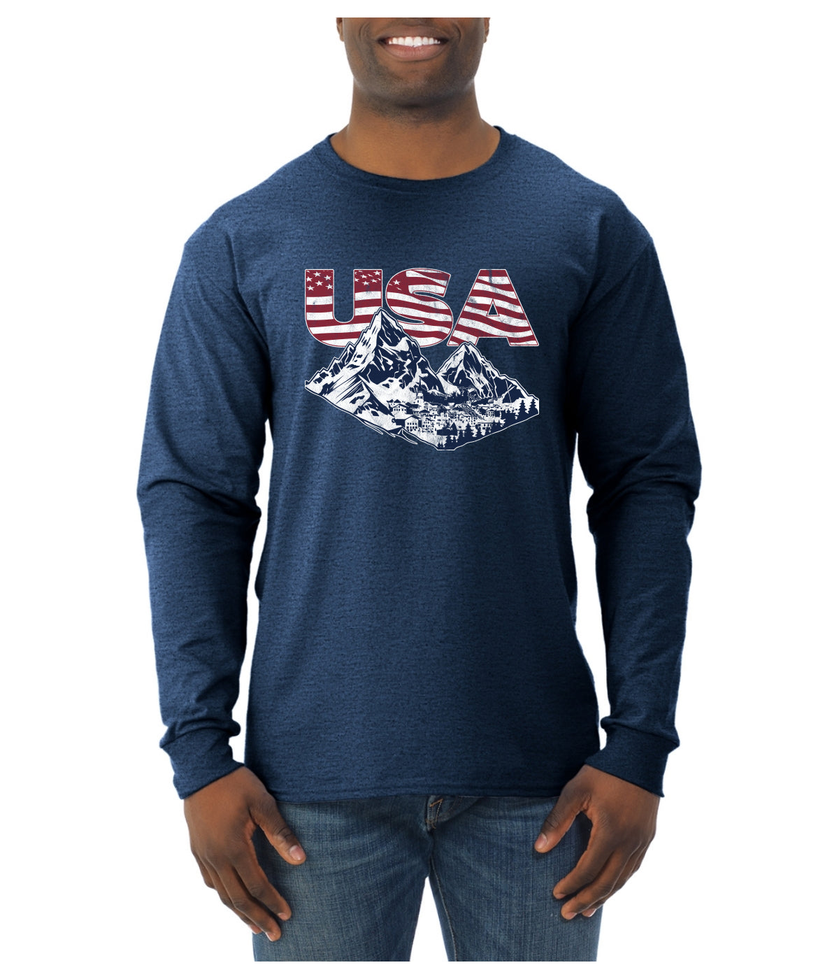 USA Winter Team Sports Fan Collection | USA Flag Mountainscape Sweater, Unisex Mens Long Sleeve Shirt