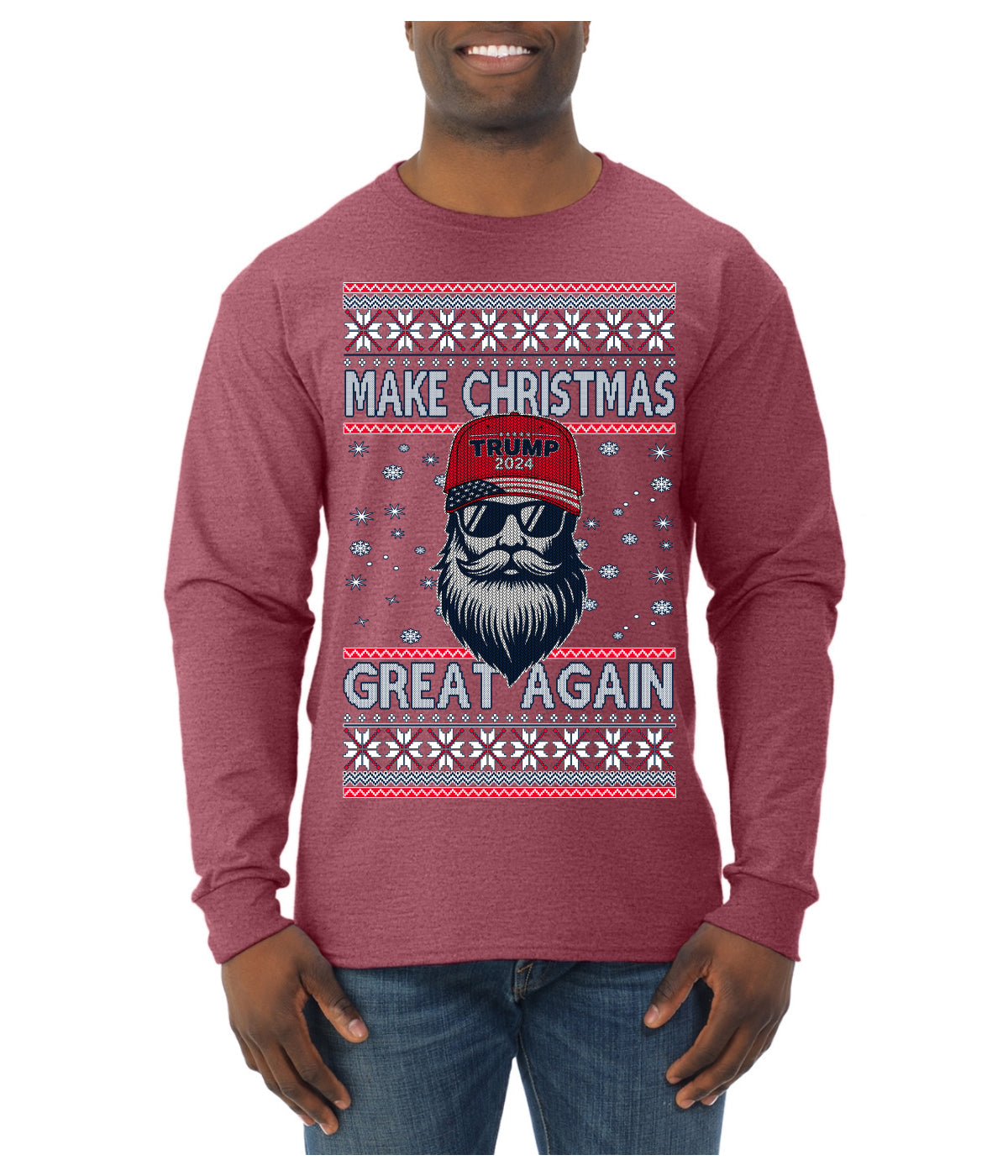 Make Christmas Great Again Trump Santa Claus 2024 MAGA,  Donald Trump JD Vance GOP Republican Ugly Christmas Sweater Mens Long Sleeve Shirt