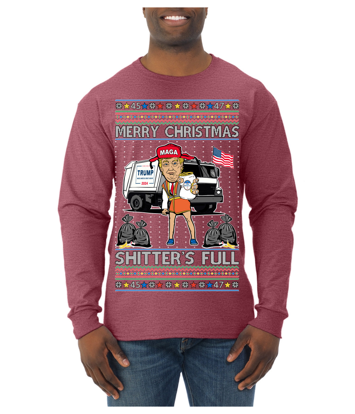 Donald Trump Merry Christmas Shitter's Full Cousin Eddie Ugly Christmas Sweater Mens Long Sleeve Shirt